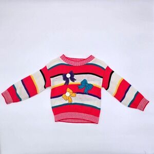 Vintage Girls Knit Pink Stripe Sweater with Bows Size 18-24 Months